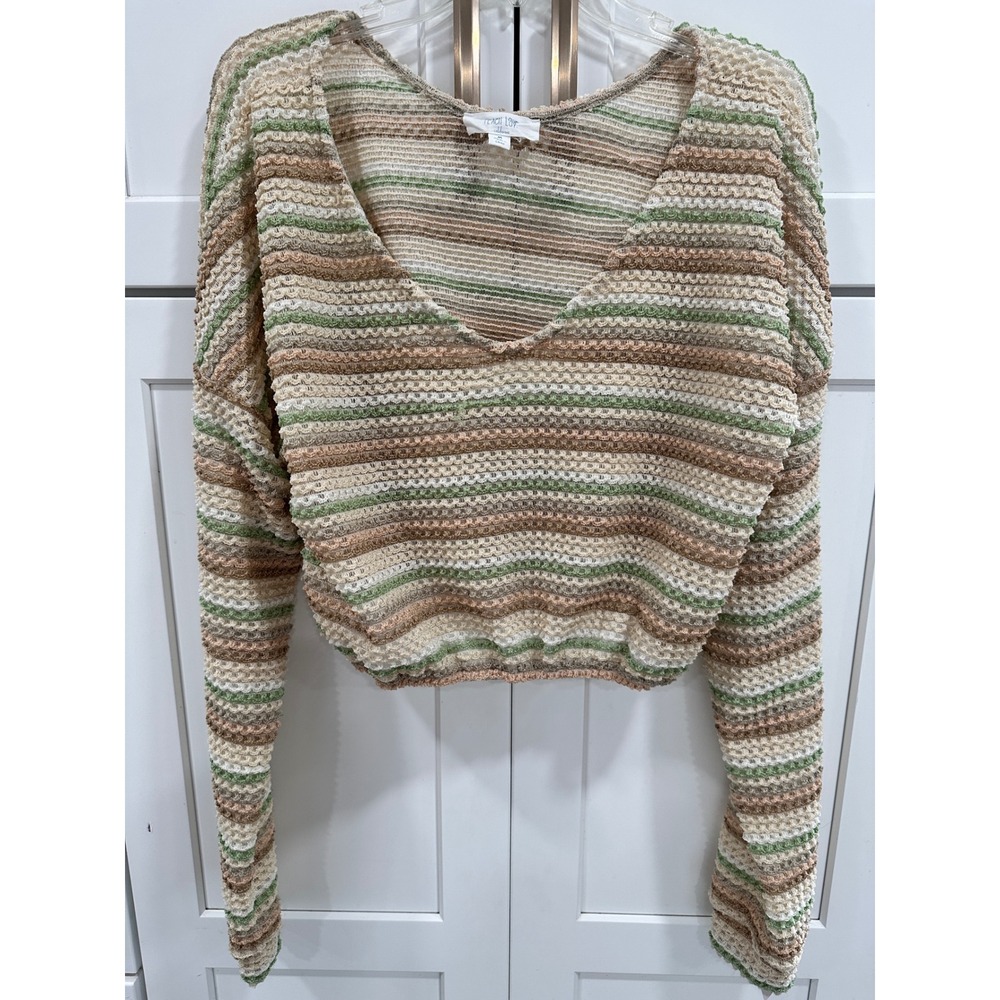 Peach Love California Striped Open Knit Cropped Sweater Green Tan M